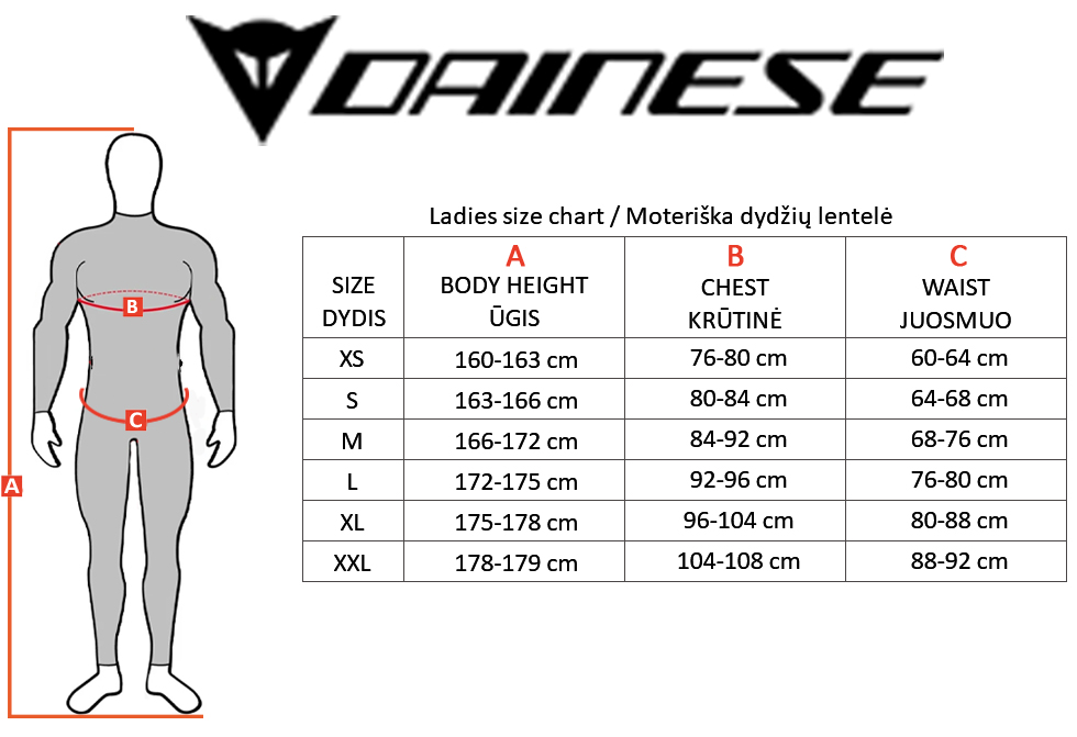 DAINESE dydžių lentelė