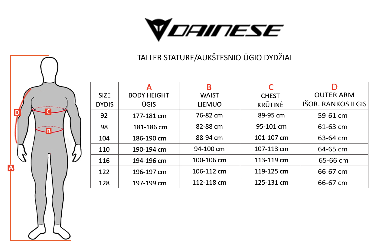 DAINESE dydžių lentelė