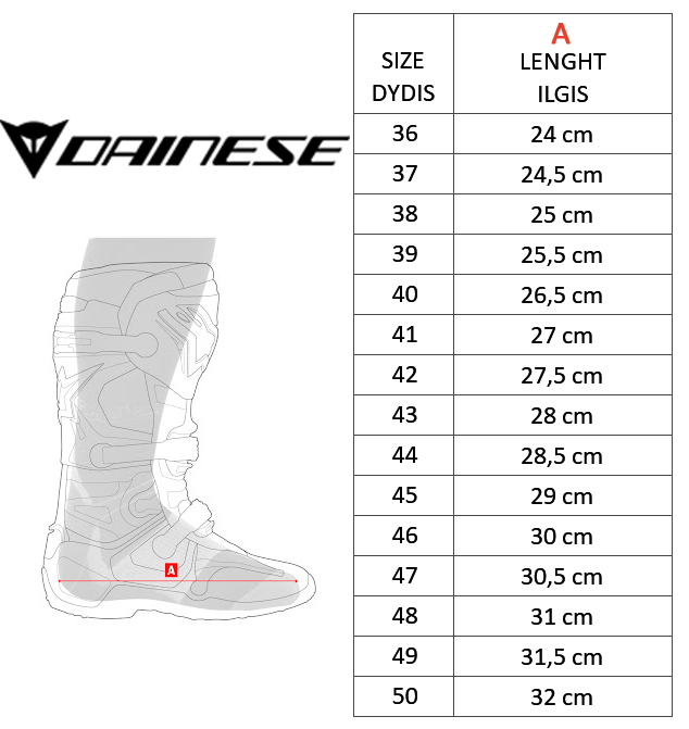 DAINESE dydžių lentelė