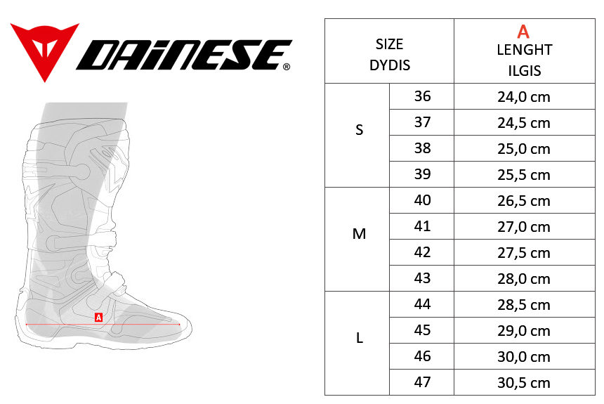 DAINESE dydžių lentelė