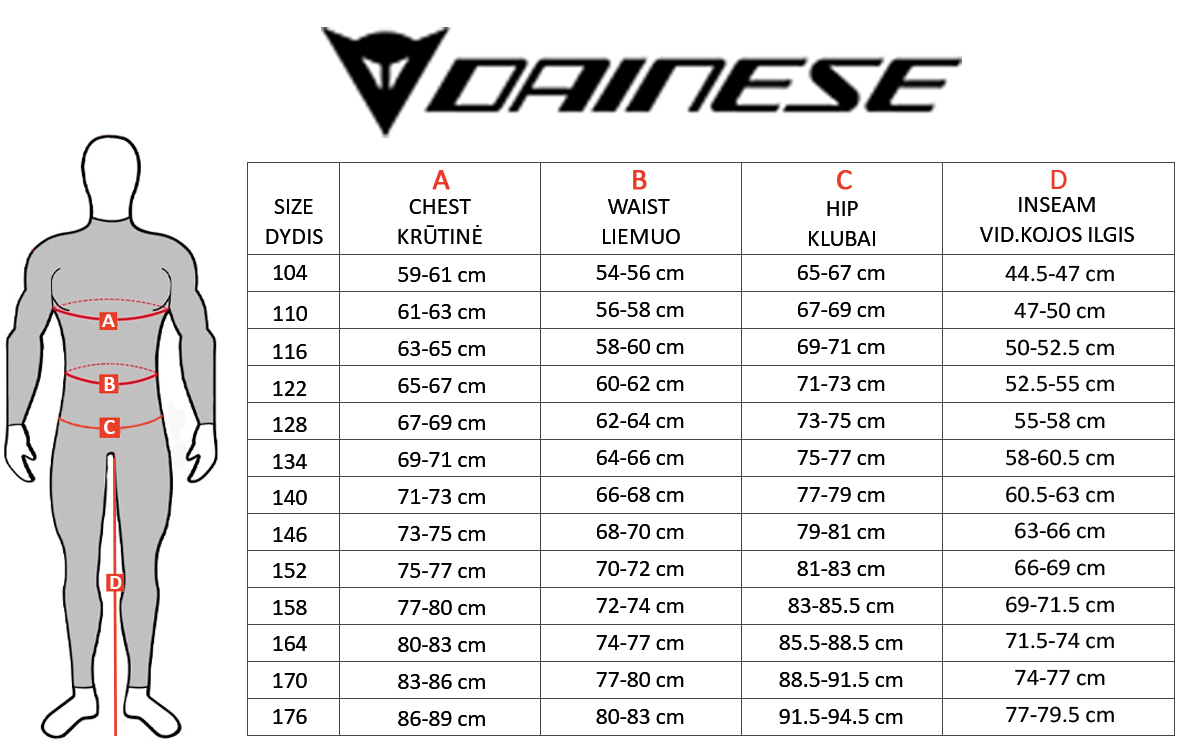 DAINESE dydžių lentelė