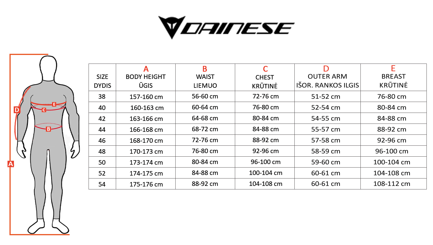 DAINESE dydžių lentelė