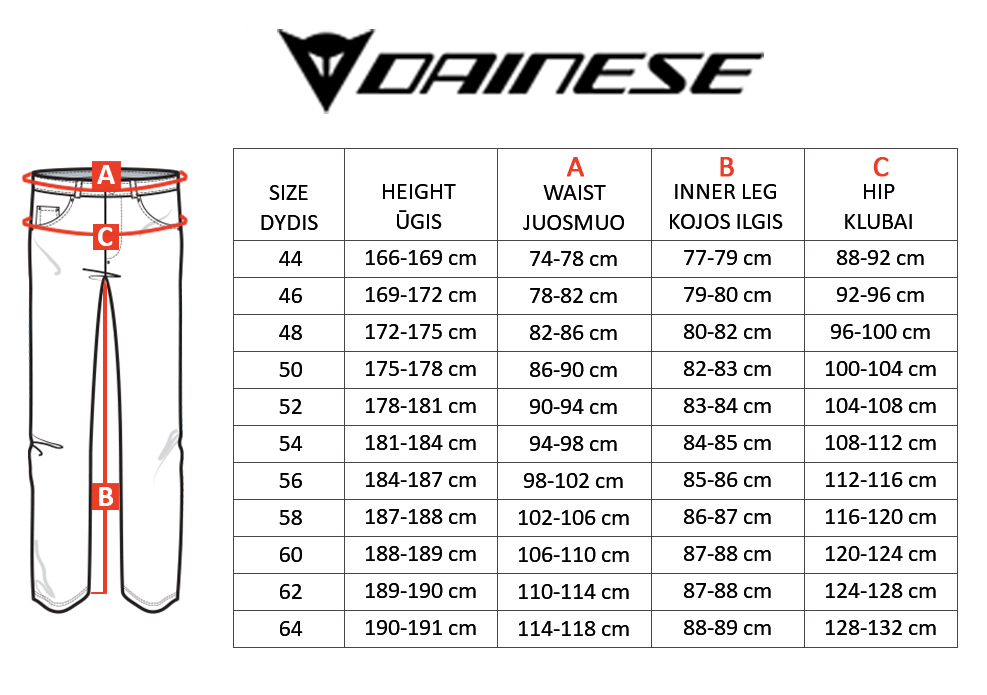 DAINESE dydžių lentelė