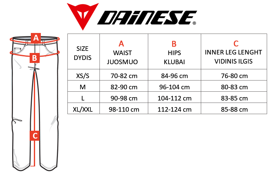 DAINESE dydžių lentelė