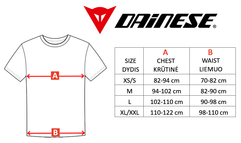 DAINESE dydžių lentelė