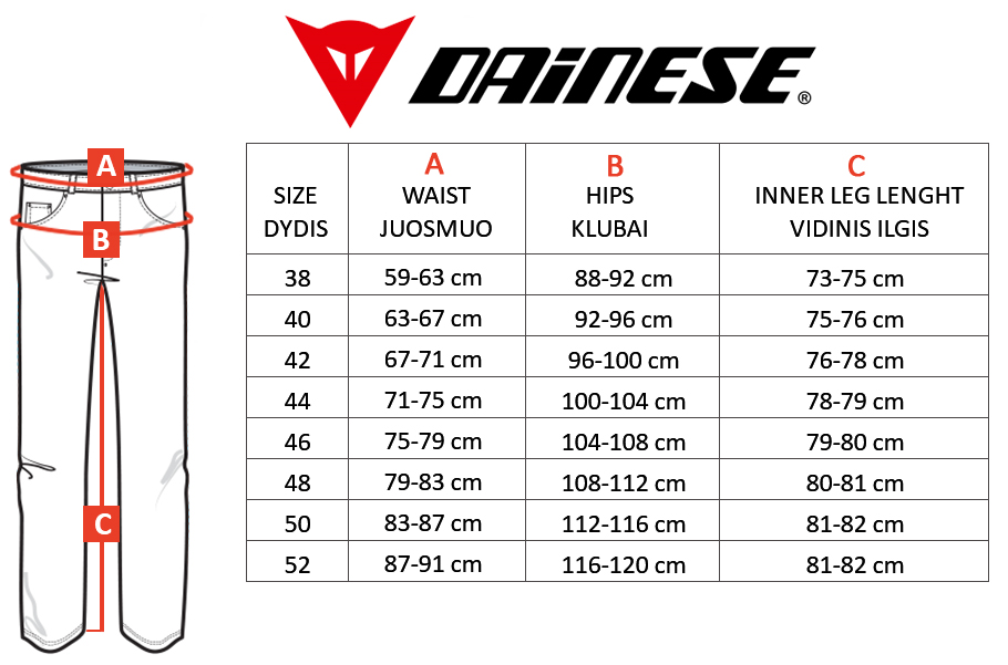 DAINESE dydžių lentelė