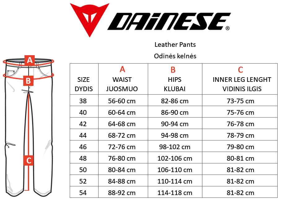 DAINESE dydžių lentelė