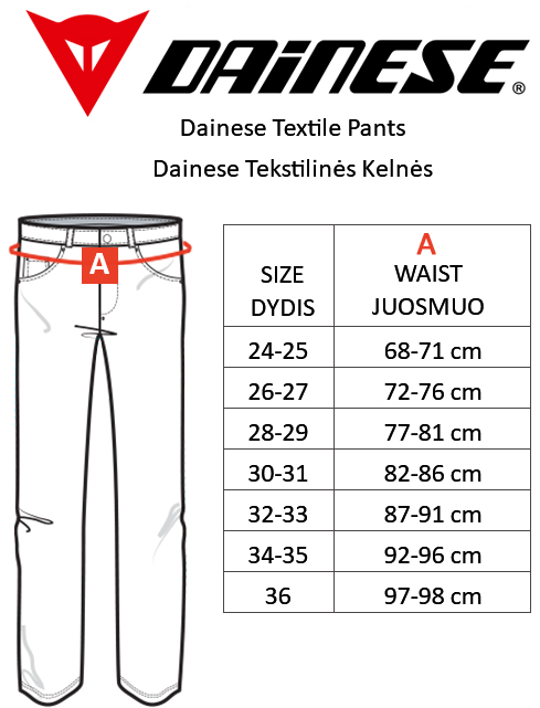 DAINESE dydžių lentelė