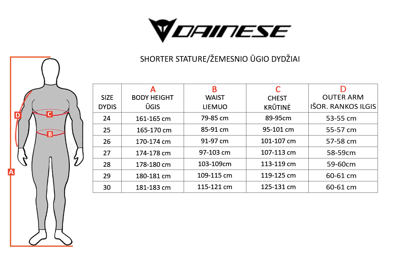 DAINESE dydžių lentelė