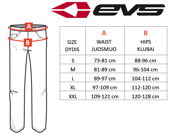EVS Sports dydžių lentelė