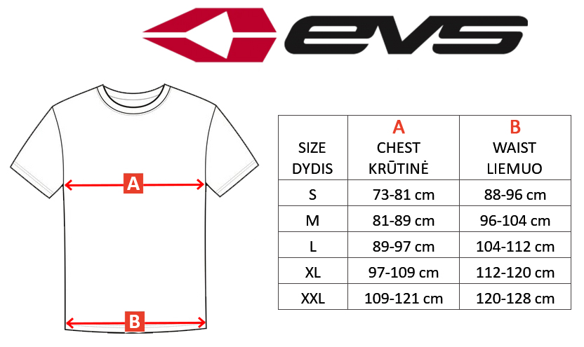 EVS Sports dydžių lentelė