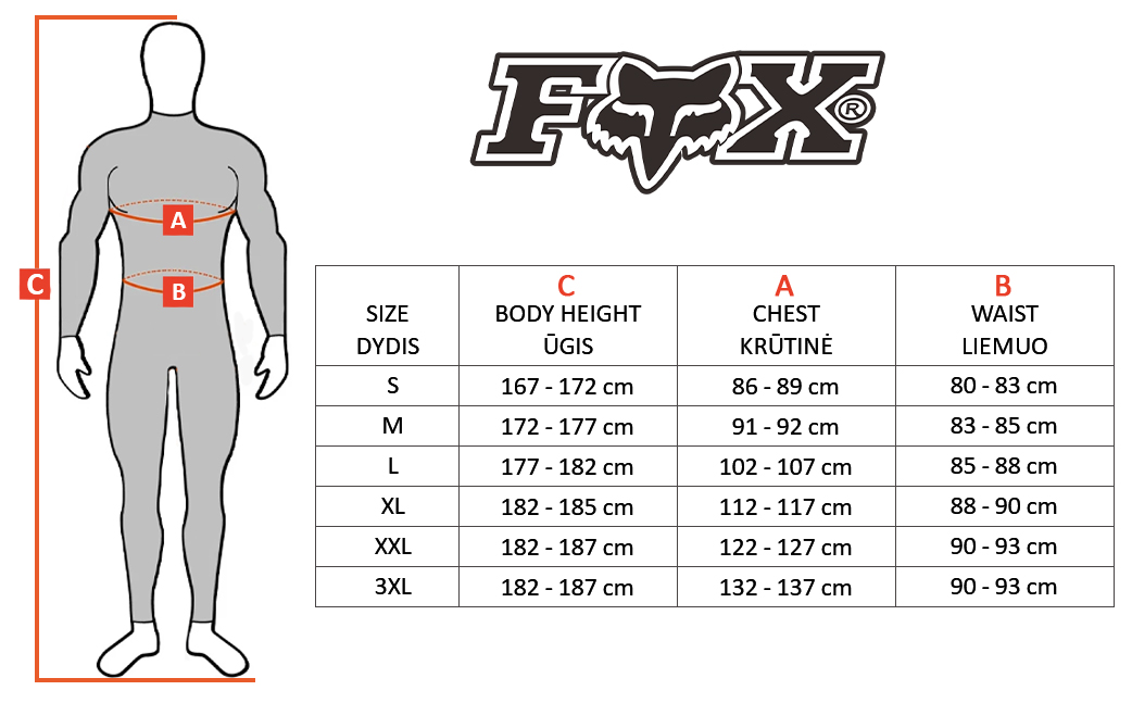 FOX dydžių lentelė