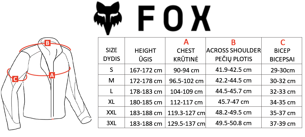 FOX dydžių lentelė