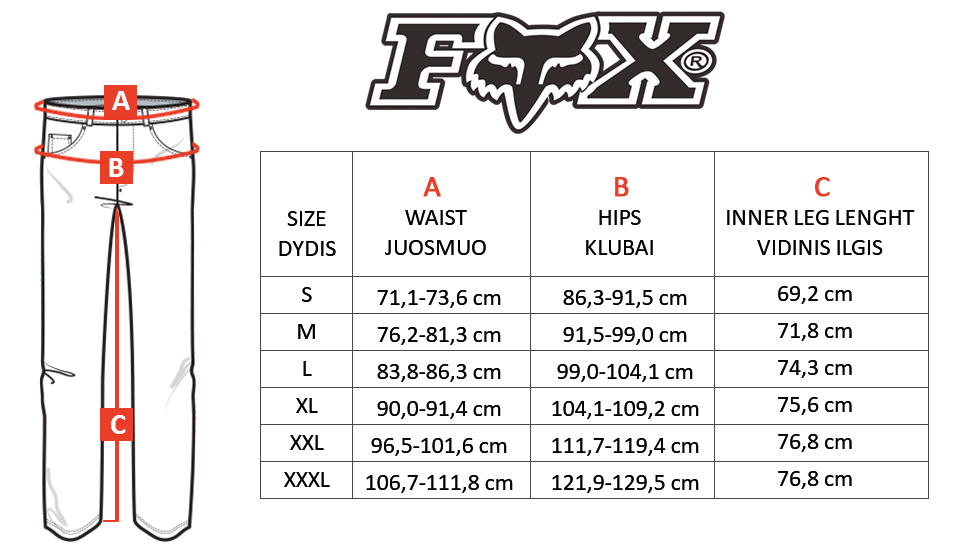 FOX dydžių lentelė