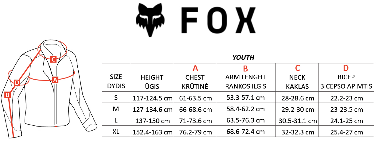 FOX dydžių lentelė