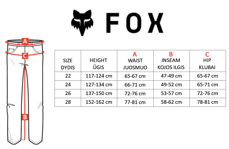 FOX dydžių lentelė