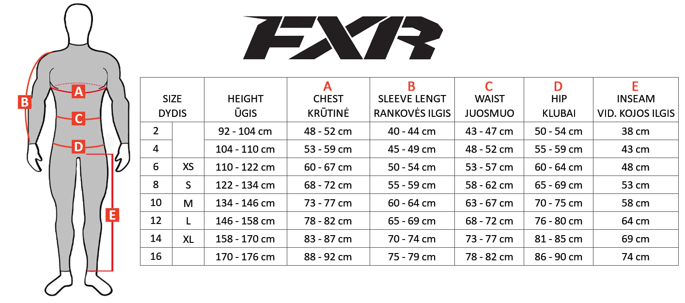 FXR dydžių lentelė