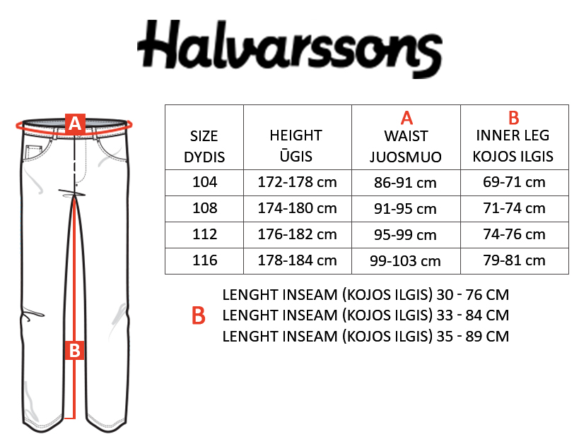 HALVARSSONS dydžių lentelė