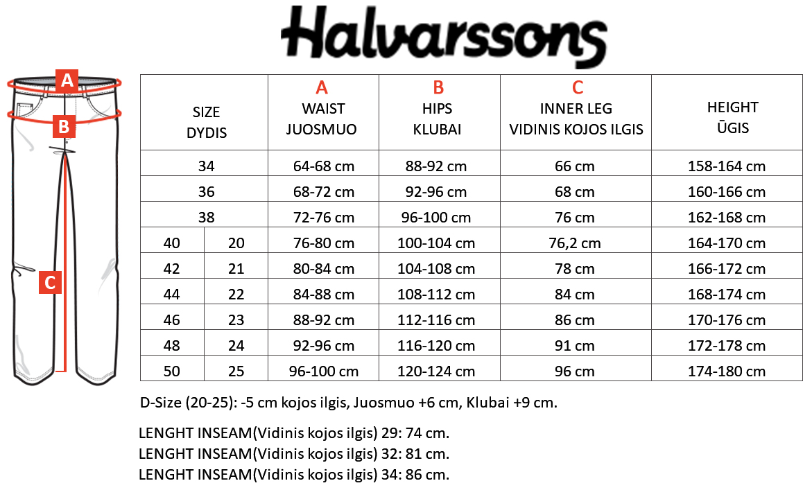 HALVARSSONS dydžių lentelė