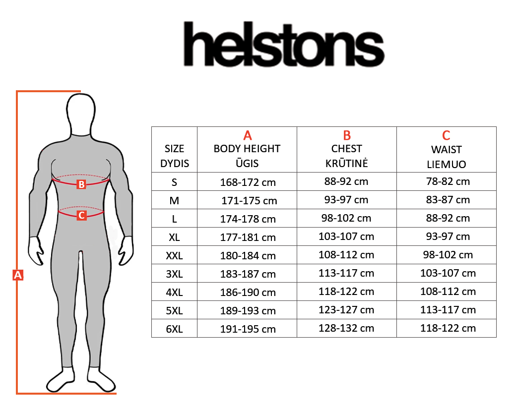 HELSTONS dydžių lentelė