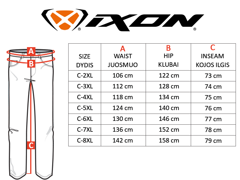 IXON dydžių lentelė