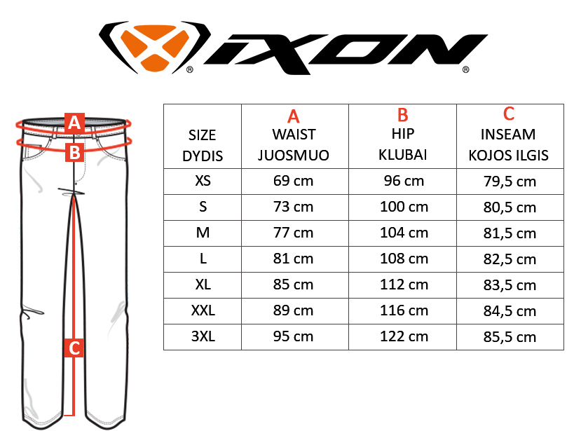 IXON dydžių lentelė