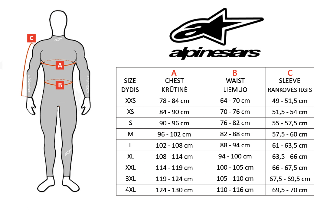 ALPINESTARS dydžių lentelė