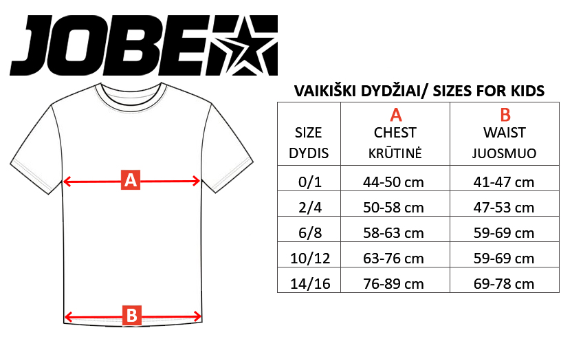 JOBE size table