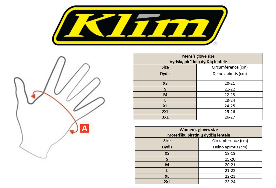 KLIM dydžių lentelė