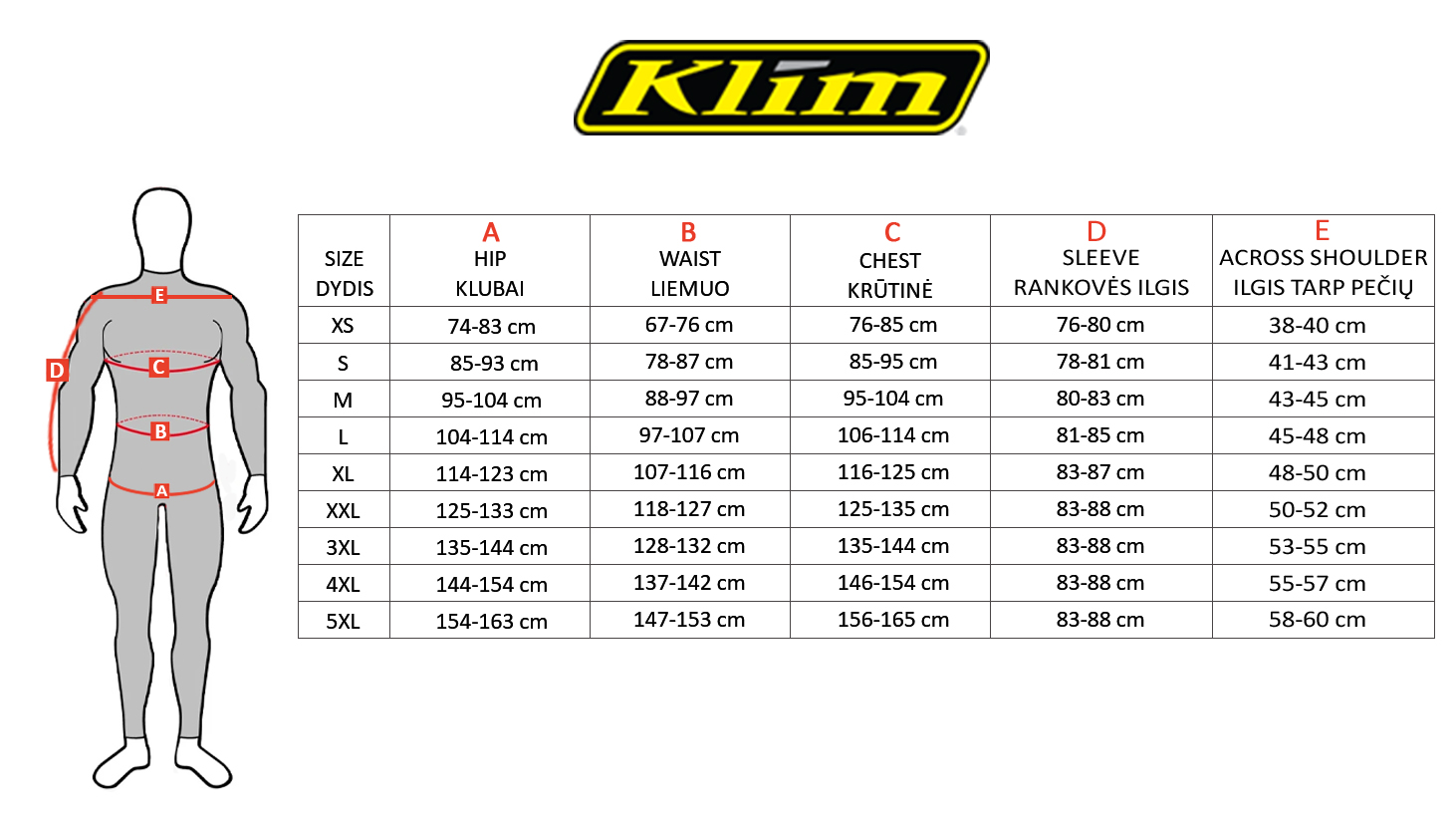 KLIM dydžių lentelė
