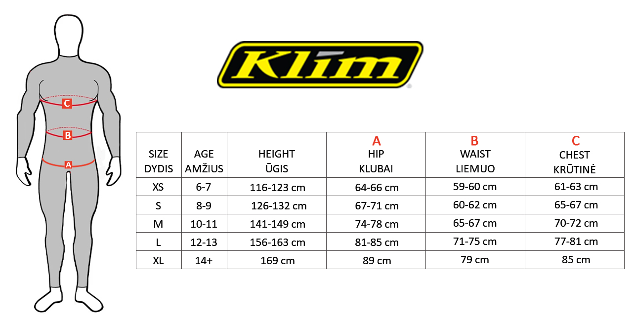 KLIM size table