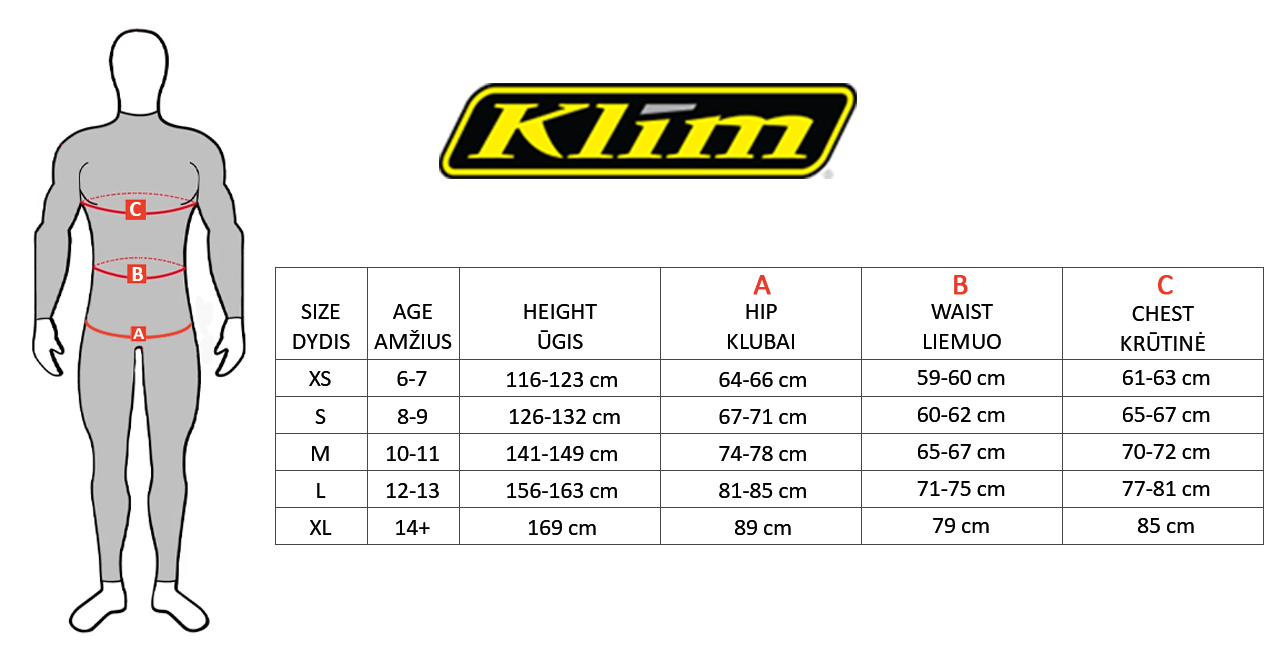 KLIM dydžių lentelė