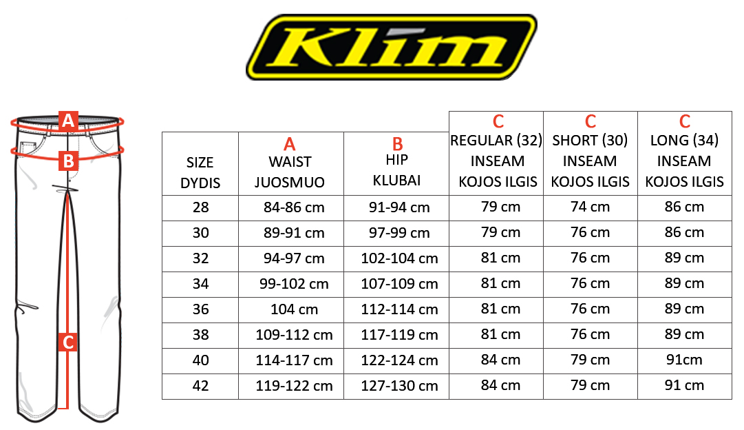 KLIM dydžių lentelė