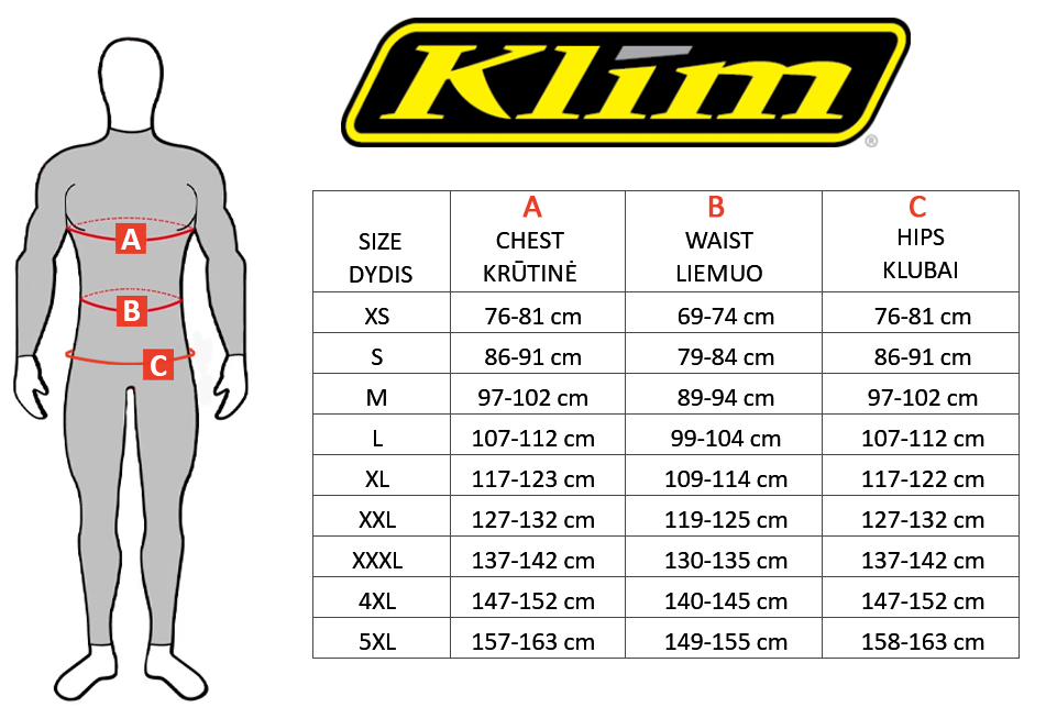 KLIM dydžių lentelė
