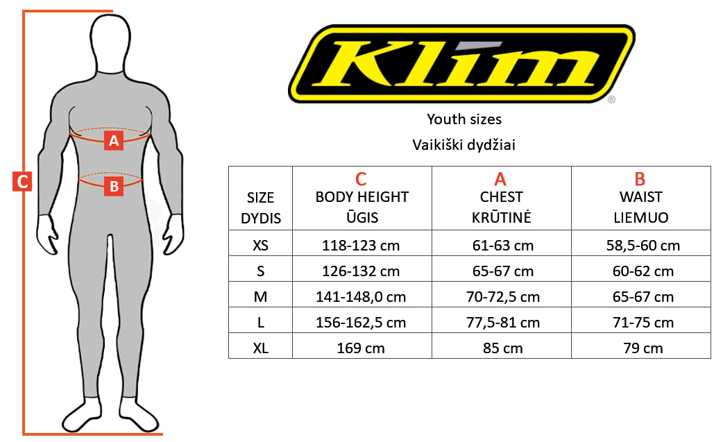 KLIM dydžių lentelė