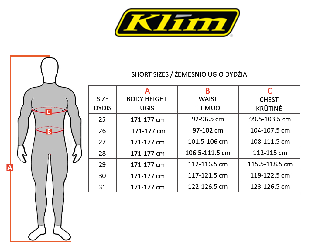 KLIM dydžių lentelė