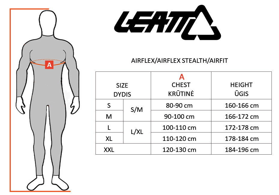 LEATT dydžių lentelė