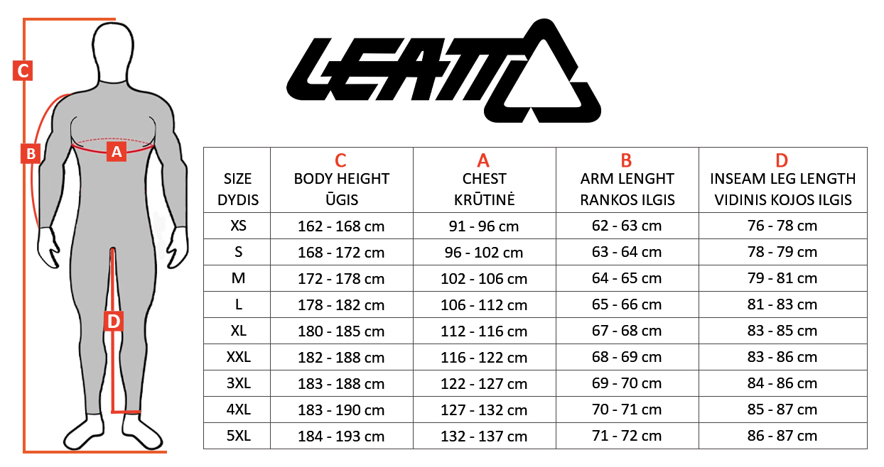 LEATT dydžių lentelė