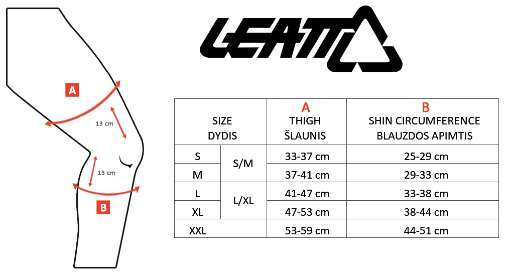 LEATT dydžių lentelė