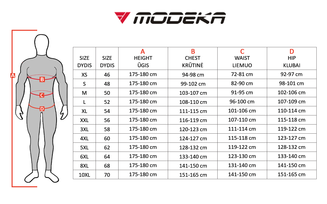 MODEKA dydžių lentelė