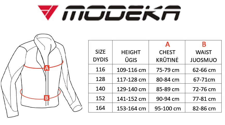 MODEKA dydžių lentelė