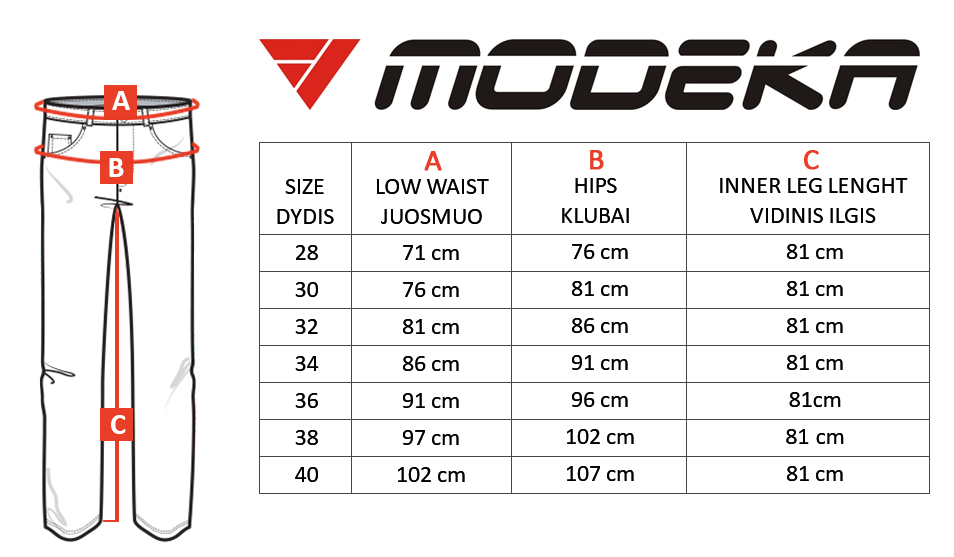 MODEKA dydžių lentelė