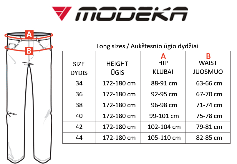 MODEKA dydžių lentelė