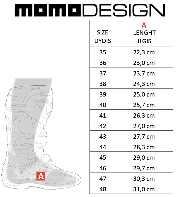 MOMODESIGN dydžių lentelė