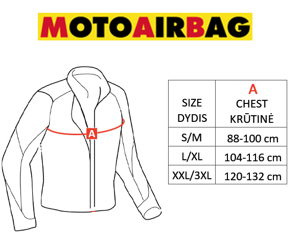 MOTOAIRBAG dydžių lentelė