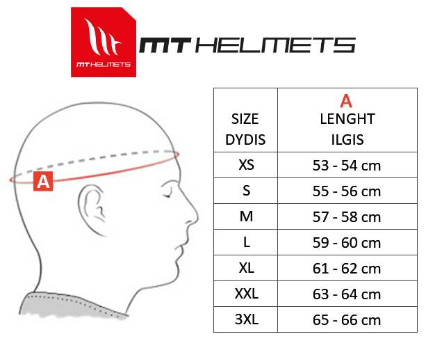 MT HELMETS dydžių lentelė