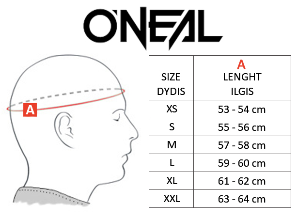 ONEAL dydžių lentelė