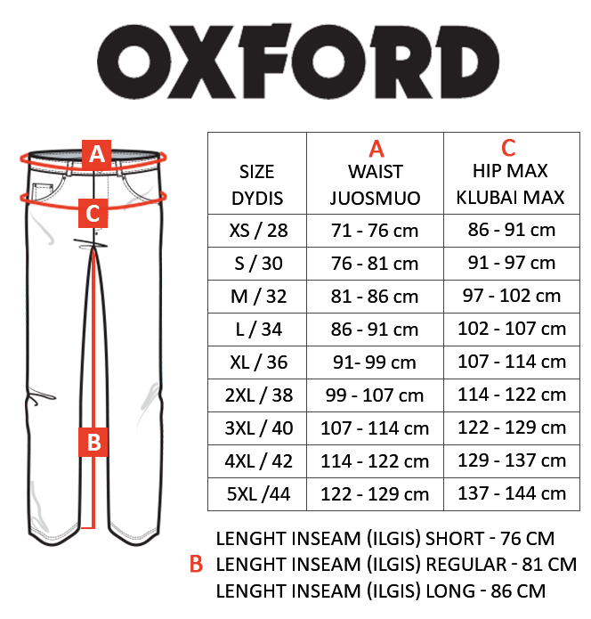 OXFORD dydžių lentelė