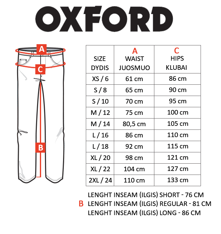 OXFORD dydžių lentelė