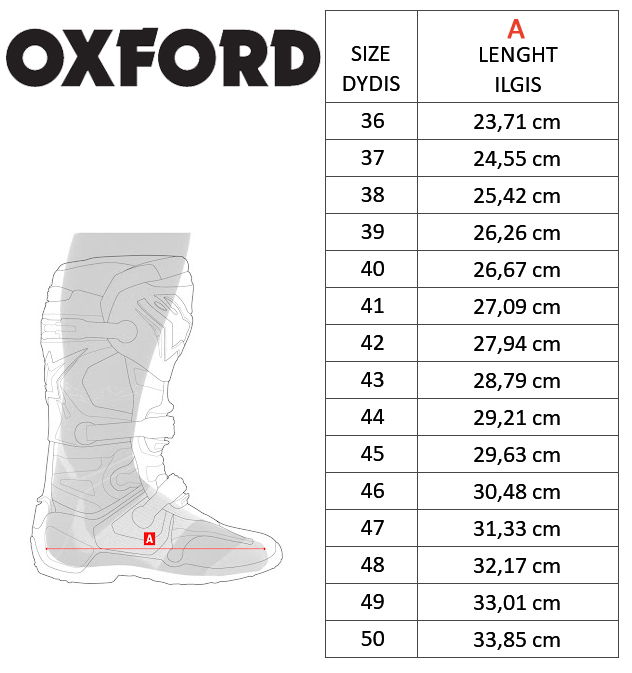 OXFORD dydžių lentelė